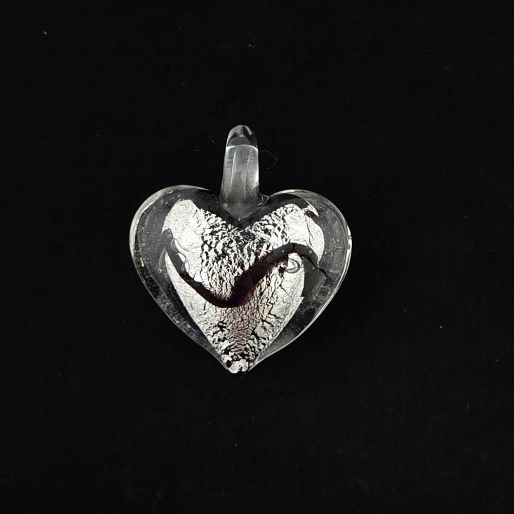 Silver Foil Glass Heart Pendant Clear Murano Style Hand Blown Charm Large